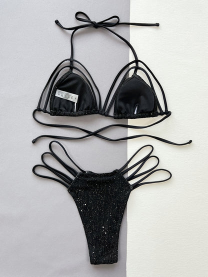 Glitter Halter Neck Strappy Two-Piece Bikini Set - Fashion Finder Hub