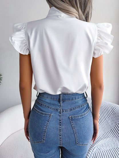 Tie  Neck Cap Sleeve Blouse - Fashion Finder Hub