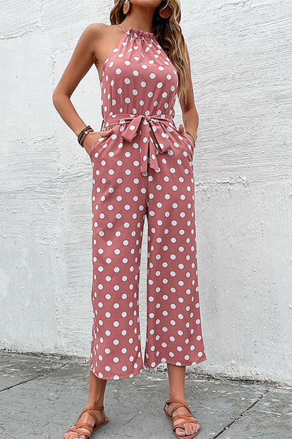 Polka Dot Grecian Wide Leg Jumpsuit - Fashion Finder Hub