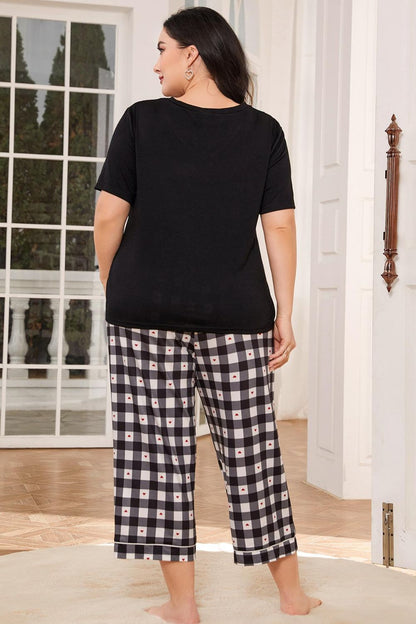 V-Neck Tee and Plaid Cropped Pants Lounge Set - Fashion Finder Hub
