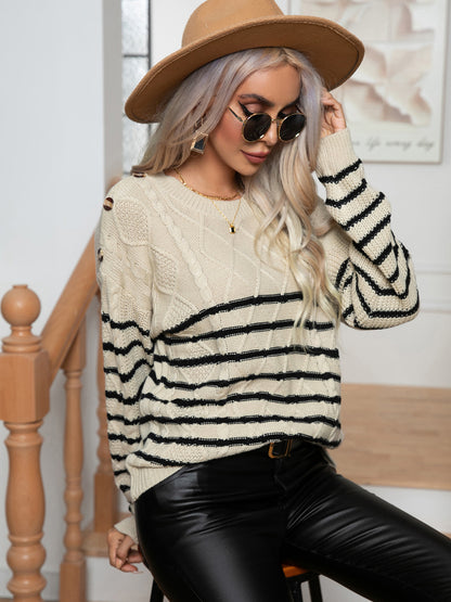 Striped Round Neck Cable-Knit Sweater - Fashion Finder Hub