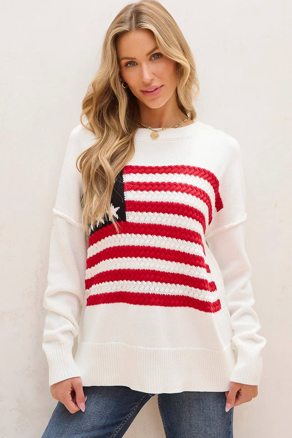 US Flag Round Neck Long Sleeve Knit Top