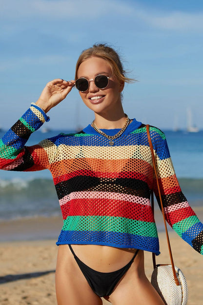 Rainbow Stripe Openwork Long Sleeve Cover-Up - Fashion Finder Hub