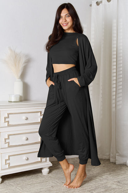 Tank, Pants, and Cardigan Set with Pockets - Fashion Finder Hub