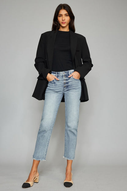Kancan High Waist Button Fly Raw Hem Cropped Straight Jeans - Fashion Finder Hub