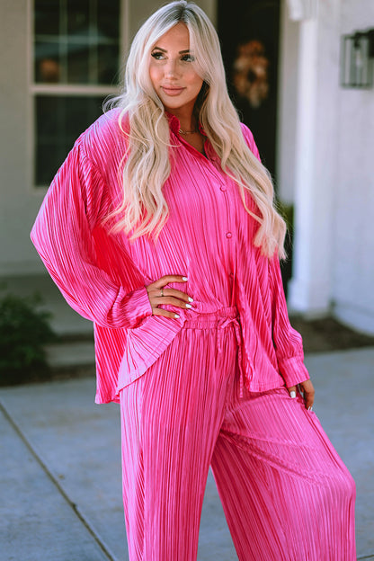 Pleated Button Up Shirt and Wide-Leg Pants Set - Fashion Finder Hub