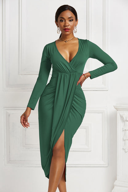 High-low Ruched Surplice Long Sleeve Dress - Fashion Finder Hub