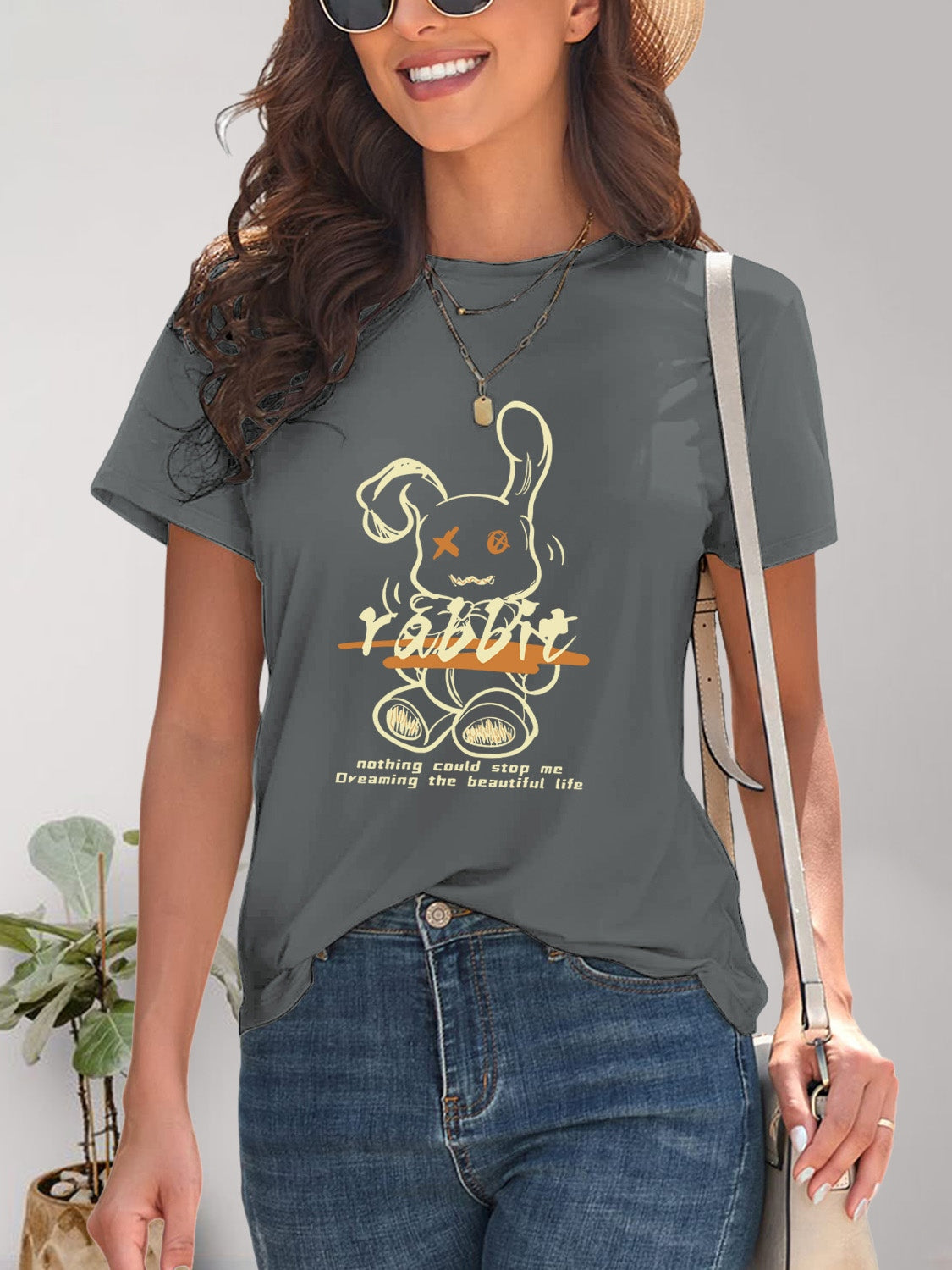 Rabbit Graphic Round Neck Short Sleeve T-Shirt - Fashion Finder Hub