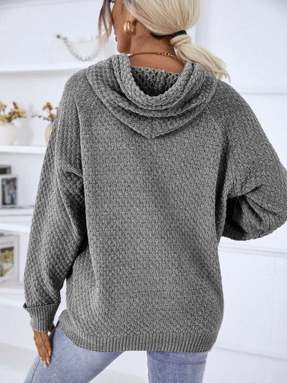 Texture Drawstring Long Sleeve Hooded Sweater - Fashion Finder Hub