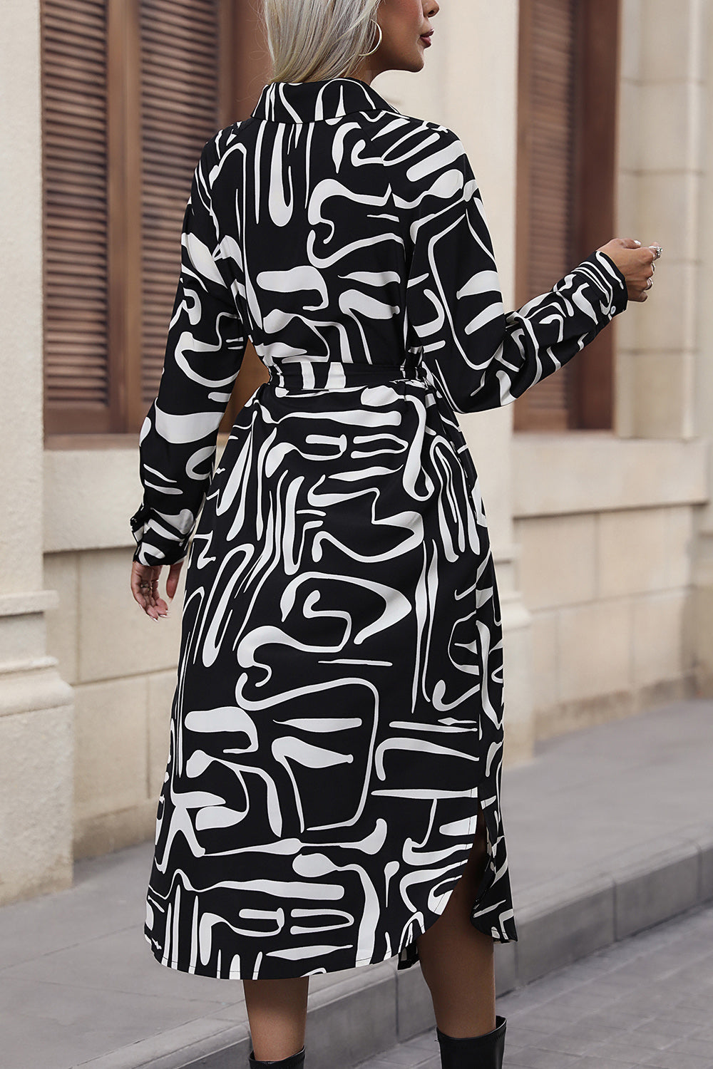 Printed Tie Front Collared Neck Slit Shirt Dress - Fashion Finder Hub