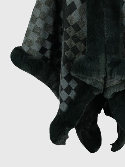 Checkered Faux Fur Trim Poncho - Fashion Finder Hub