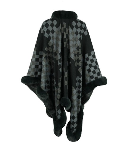 Checkered Faux Fur Trim Poncho - Fashion Finder Hub