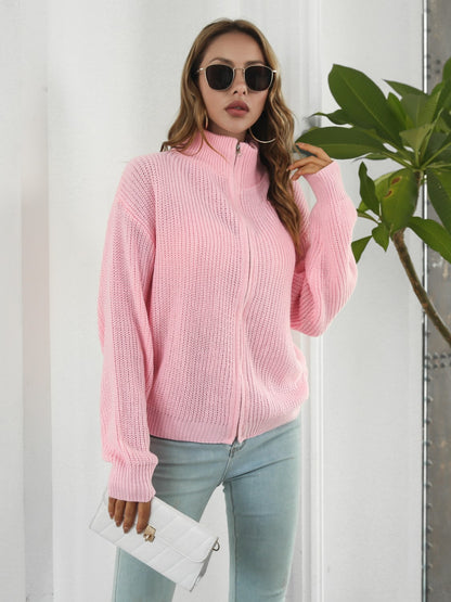 Turtleneck Zip Up Long Sleeve Knit Top - Fashion Finder Hub