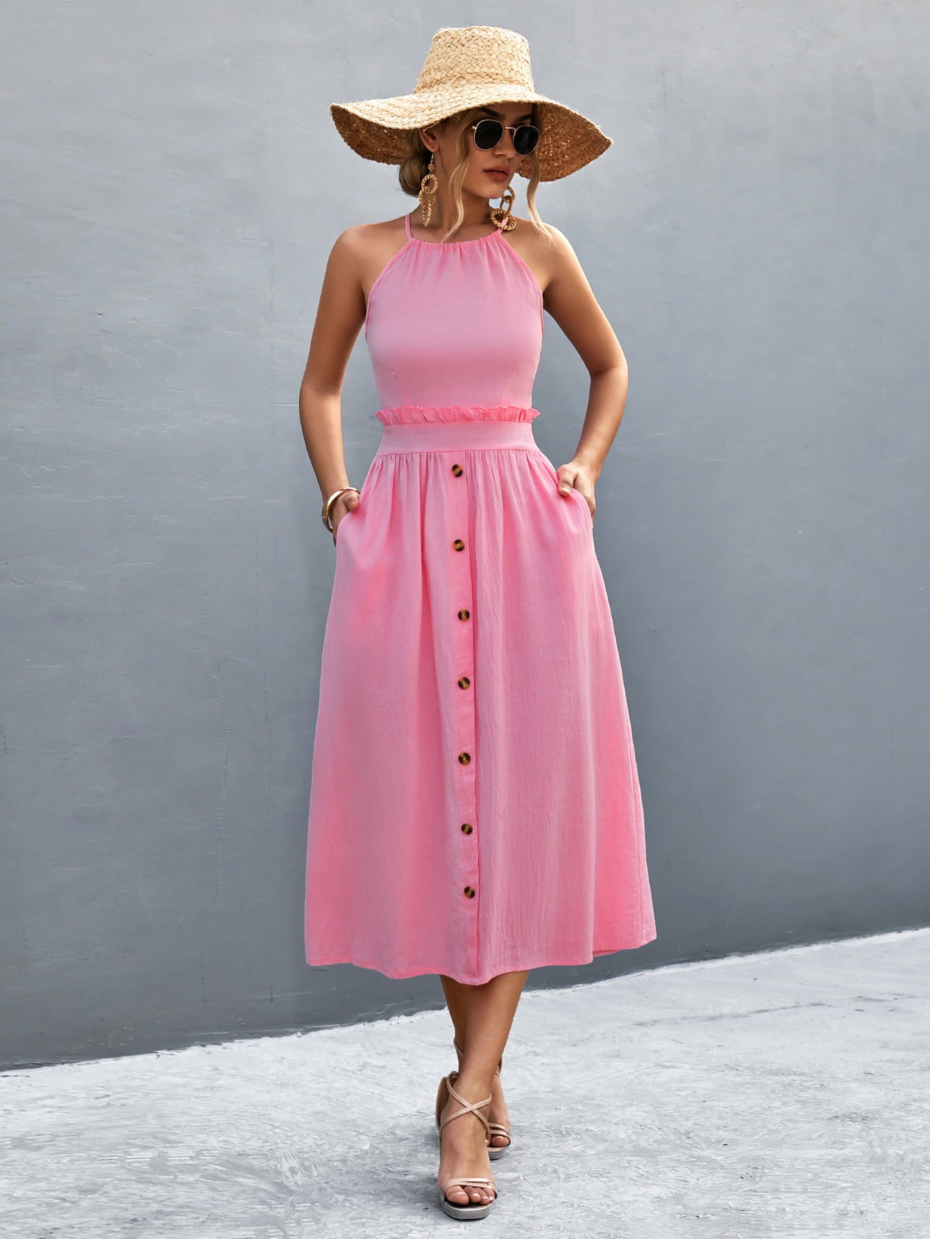 Buttoned Halter Neck Frill Trim Midi Dress - Fashion Finder Hub