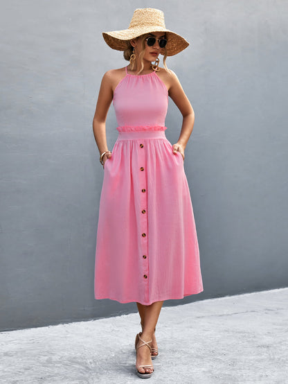 Buttoned Halter Neck Frill Trim Midi Dress - Fashion Finder Hub