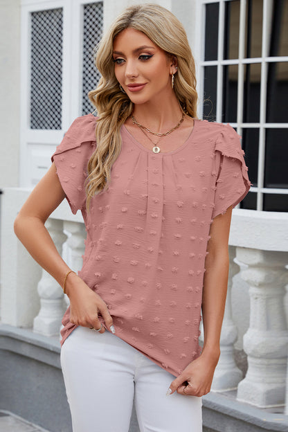 Swiss Dot Round Neck Short Sleeve T-Shirt - Fashion Finder Hub
