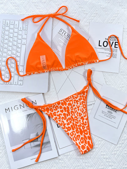 Leopard Print Halter Neck Tie Side Bikini Set - Fashion Finder Hub