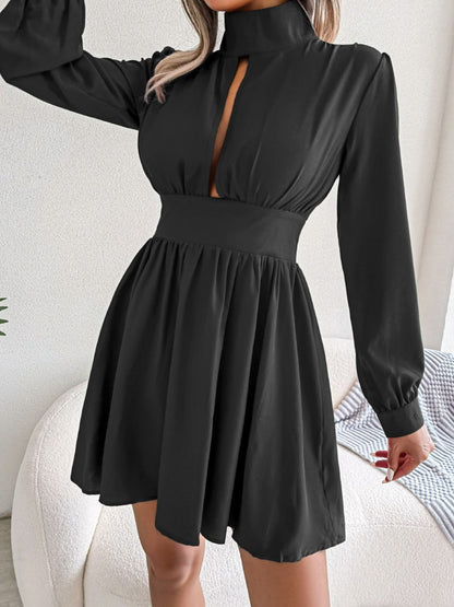 Cutout Turtleneck A-Line Mini Dress - Fashion Finder Hub