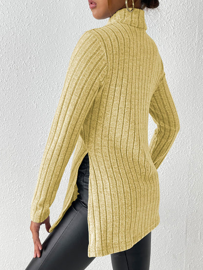 Ribbed Turtleneck Long Sleeve Slit T-Shirt - Fashion Finder Hub