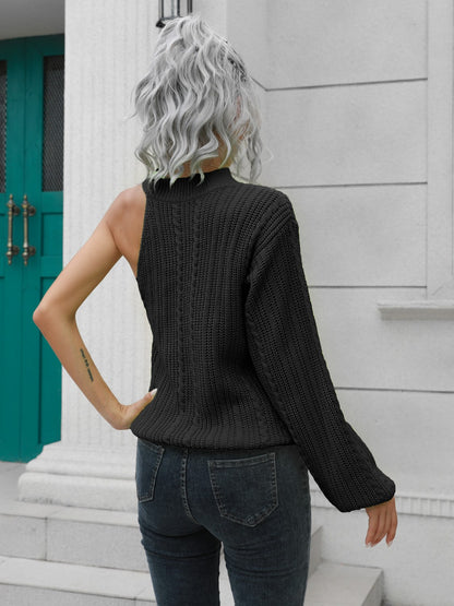 Cable-Knit Round Neck Asymmetrical Sweater - Fashion Finder Hub