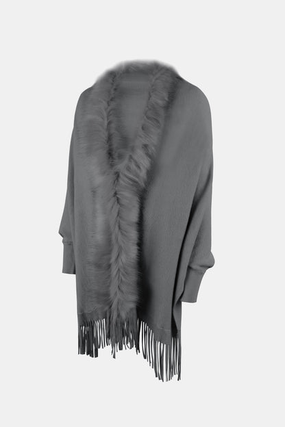Fringe Open Front Long Sleeve Poncho - Fashion Finder Hub
