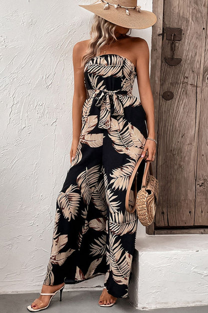 Printed Strapless Wide Leg Jumpsuit with Pockets - Fashion Finder Hub