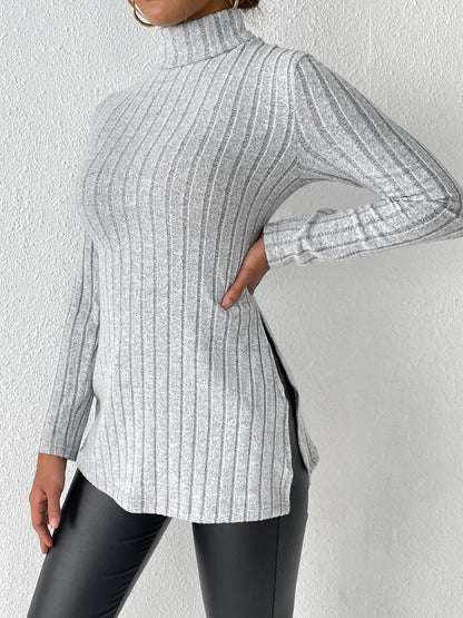 Ribbed Turtleneck Long Sleeve Slit T-Shirt - Fashion Finder Hub