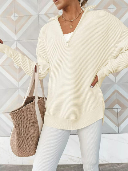 Half Zip Long Sleeve Knit Top - Fashion Finder Hub