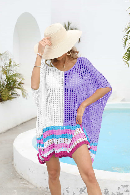 Contrast Scoop Neck Openwork Half Sleeve Cover Up - Fashion Finder Hub