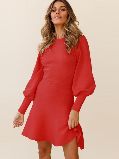 Round Neck Lantern Sleeve Sweater Dress - Fashion Finder Hub