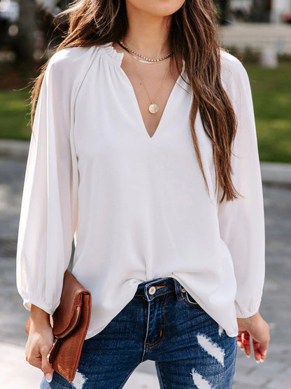 Ruched Notched Balloon Sleeve Blouse - Fashion Finder Hub