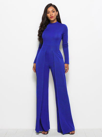 Long Sleeve Mock Neck Wide Leg Jumpsuit - Fashion Finder Hub