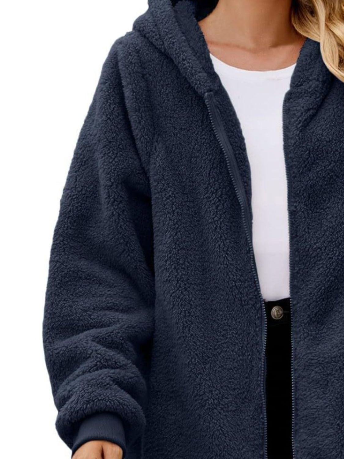 Fuzzy Pocketed Zip Up Long Sleeve Hooded Jacket