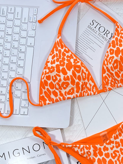 Leopard Print Halter Neck Tie Side Bikini Set - Fashion Finder Hub