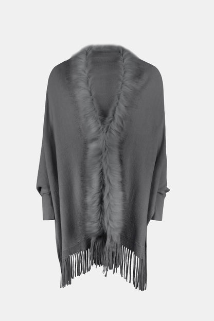 Fringe Open Front Long Sleeve Poncho - Fashion Finder Hub