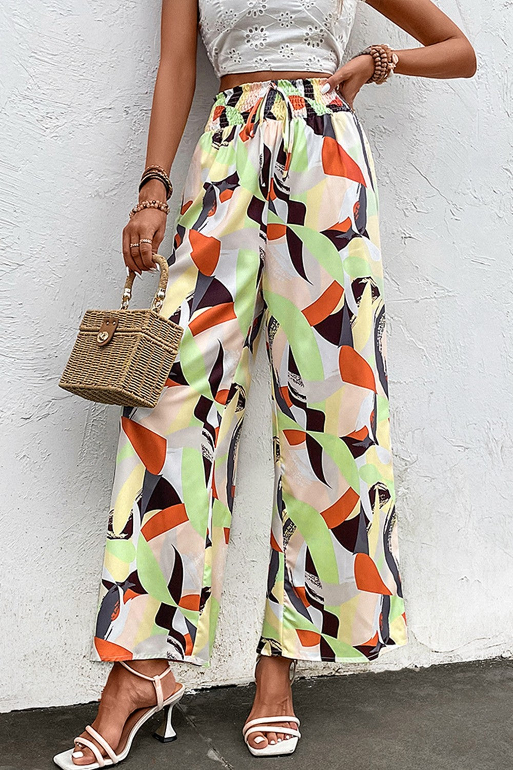 Shiny Printed Smocked Waist Wide Leg Pants