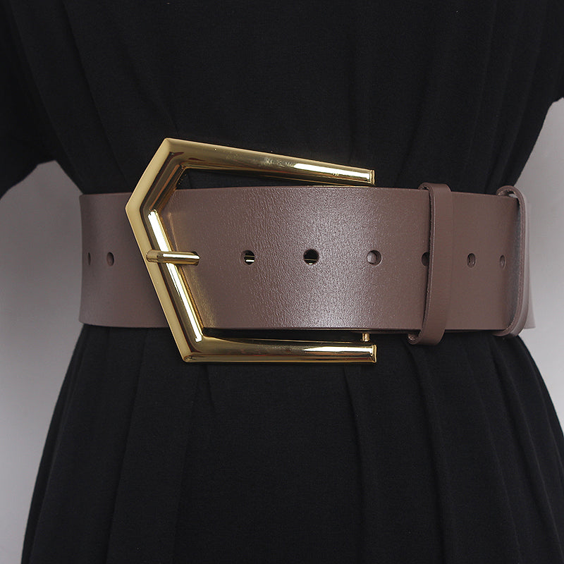 Concave Shape Large Pin Buckle Cowhide Wide Belt