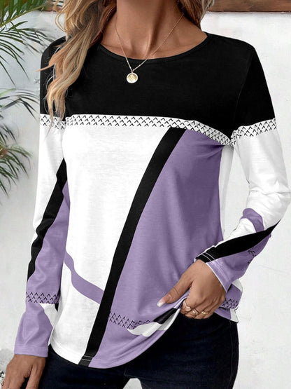 Contrast Round Neck Long Sleeve T-Shirt - Fashion Finder Hub