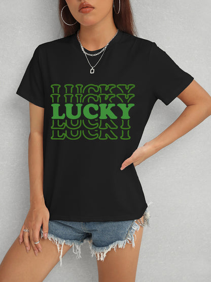 LUCKY Round Neck Short Sleeve T-Shirt - Fashion Finder Hub