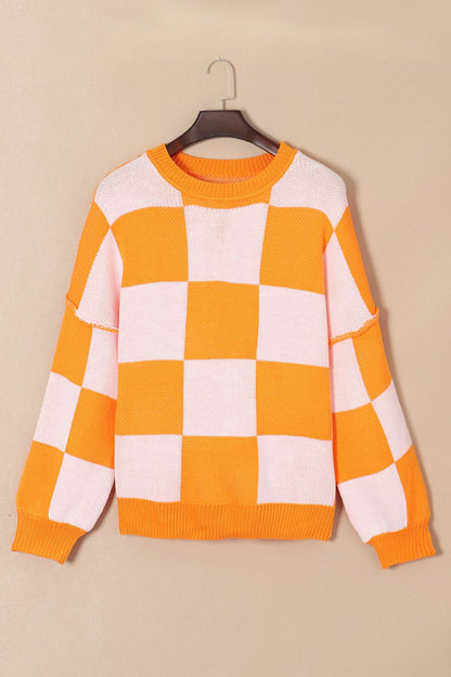 Checkered Exposed Seam Drooped Shoulder Sweater - Fashion Finder Hub