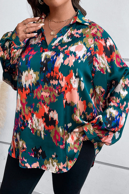 Plus Size Printed Johnny Collar Long Sleeve Blouse - Fashion Finder Hub