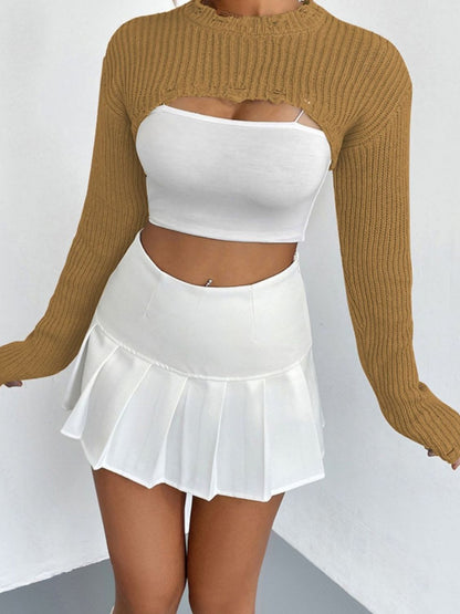 Distressed Long Sleeve Cropped Sweater - Fashion Finder Hub