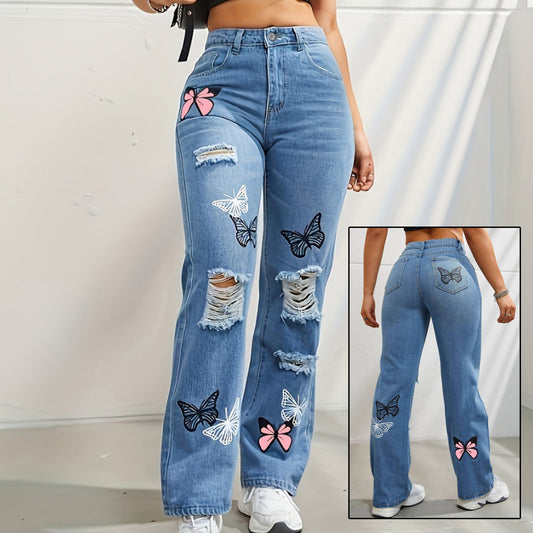 Buy Best Bestie Butterfly Print Ripped Distressed Denim (High Waist Jeans)