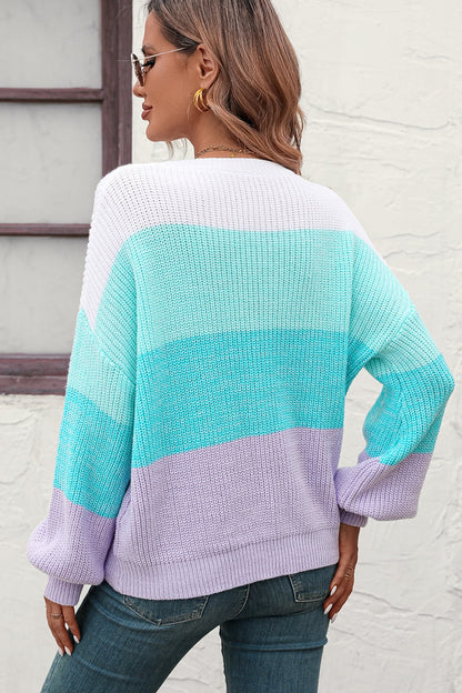 Round Neck Color Block Ribbed Pullover Sweater - Fashion Finder Hub