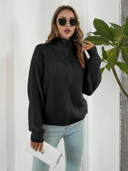 Turtleneck Zip Up Long Sleeve Knit Top - Fashion Finder Hub
