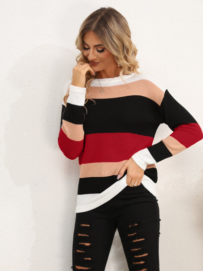 Striped Round Neck Dropped Shoulder Sweater - Fashion Finder Hub