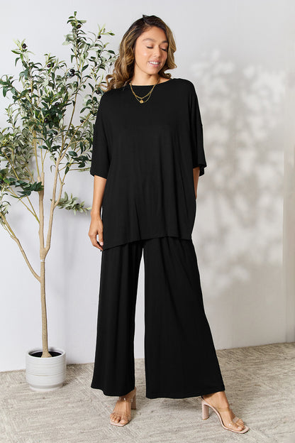 Double Take Full Size Round Neck Slit Top and Pants Set - Fashion Finder Hub