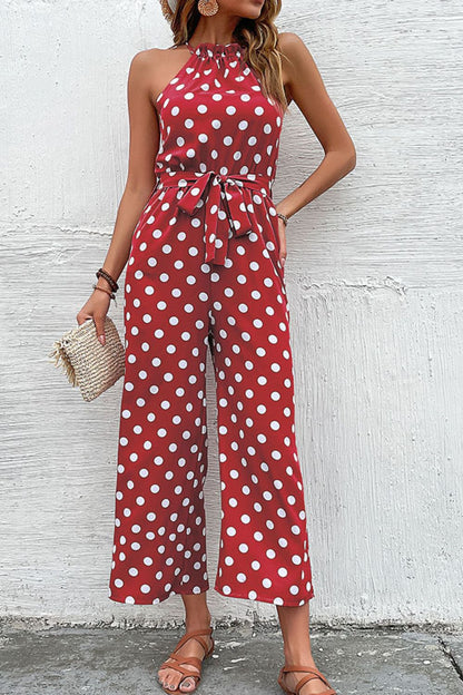 Polka Dot Grecian Wide Leg Jumpsuit - Fashion Finder Hub