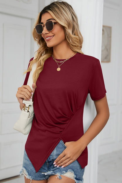 Ruched Round Neck Short Sleeve T-Shirt - Fashion Finder Hub