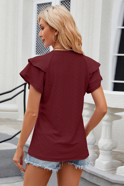 Eyelet Notched Short Sleeve T-Shirt - Fashion Finder Hub